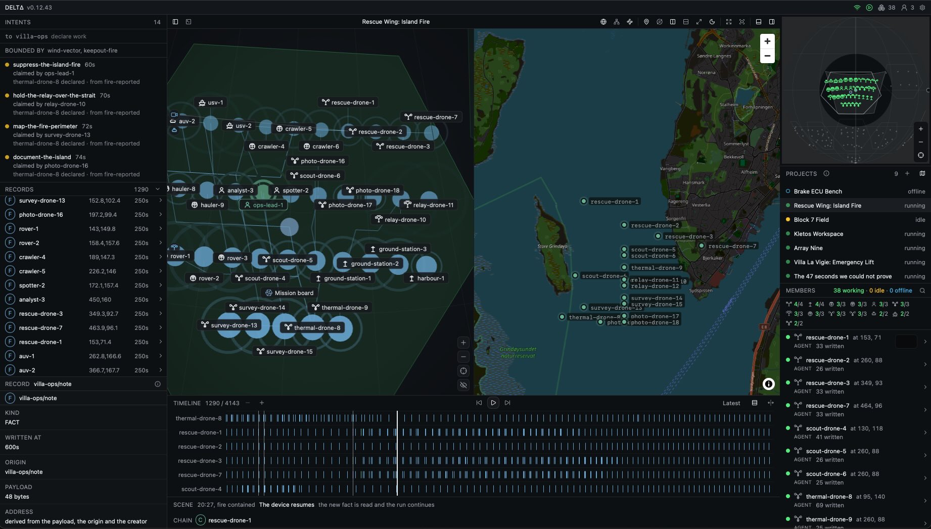 Rescue Wing: Island Fire. The intents and records on the left, the cell view of survey, thermal, photo and relay drones with crawlers, boats and rovers in the middle, the island and its shoreline on the right, and the timeline below.
