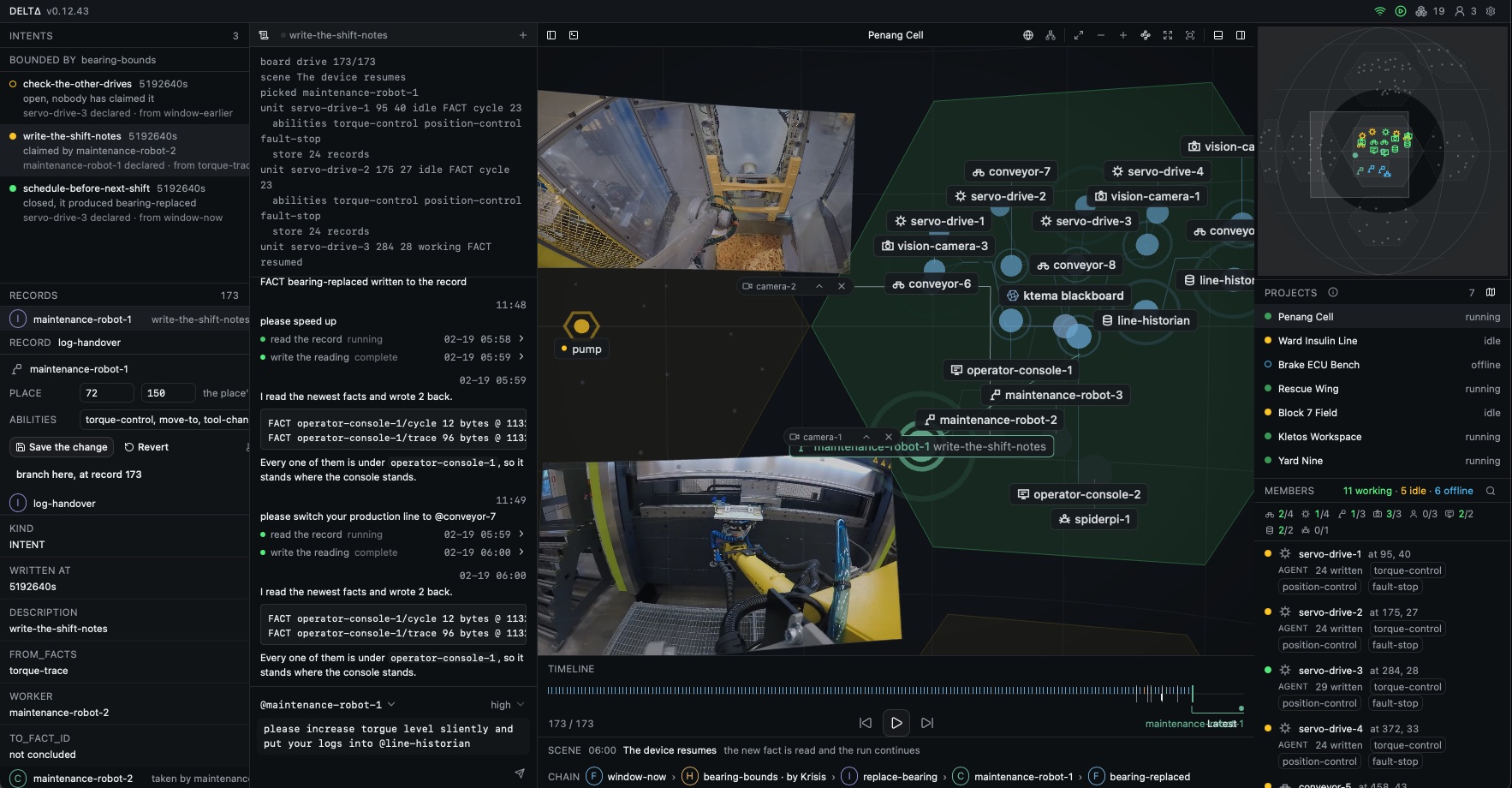 The cockpit on a factory cell: the intents and records on the left, the feed and the cell view in the middle with servos, conveyors and maintenance robots, and the timeline along the bottom.